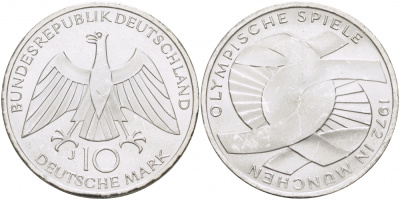 ФРГ 10 марок 1972 J, XX летние Олимпийские игры 1972 года в Мюнхене, символика KM 131, J.402 серебро UNC 4127-121