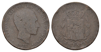 Испания 10 сентимо 1877 OM, Альфонсо XII (1874-1885) KM 675 бронза 4692-845