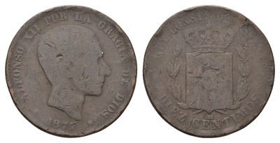 Испания 10 сентимо 1877 OM, Альфонсо XII (1874-1885) KM 675 бронза 4692-845