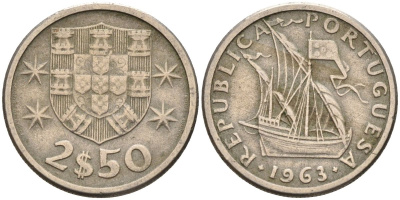 Португалия 2,5 эскудо 1963 парусник KM 590 медно-никель 4115-459