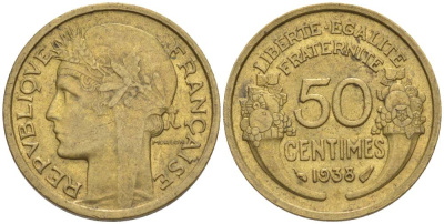 ФРАНЦИЯ 50 САНТИМОВ 1938 ТИП MORLON KM 894.1, LE FRANC 192.14 алюминиевая бронза 44-752