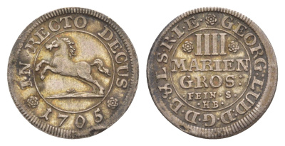 Брауншвейг-Каленберг-Ганновер 4 мариенгроша 1705 HB, Георг I (1698-1727), из коллекции Ричарда Б. Смита Welter 2197, KM 33 серебро 1525-625