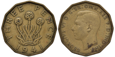 Великобритания 3 пенса 1941 Георг VI (1936-1952) KM 849, Spink 4112 никель латунь 4538-1115