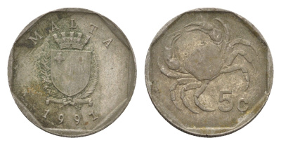 Мальта 5 центов 1991 краб KM 95 медно-никель 4702-468