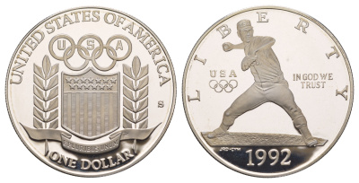 США 1 доллар 1992 S, XXV летние Олимпийские Игры, Барселона 1992 KM 234 серебро PROOF 11-255-42