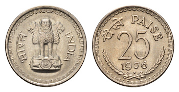 Индия 25 пайс 1976 KM 49.1 медно-никель UNC 4690-215