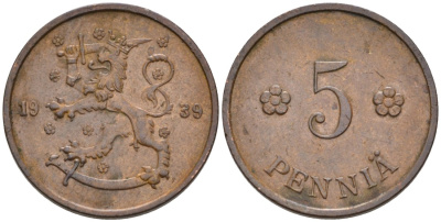 ФИНЛЯНДИЯ 5 ПЕННИ 1939 KM 22 медь 192-1255