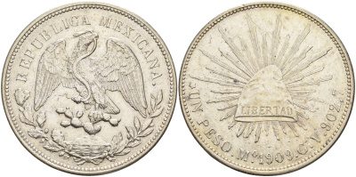 Мексика 1 песо 1909 Mo KM 409.2 серебро aUNC 06-236-41