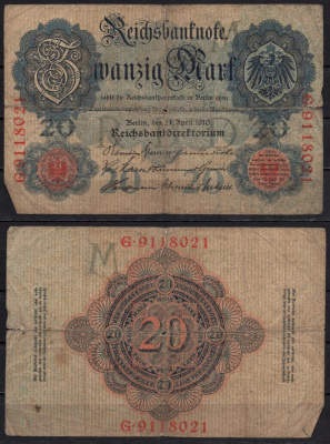 Германия 20 марок 1910 Pick 40 b бумага 6293-38-3-1