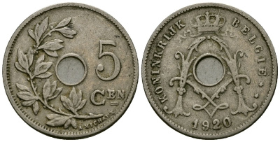 Бельгия 5 сантимов 1920 Belgie KM 67 медно-никель 4173-222