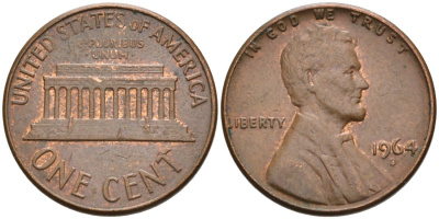 США 1 цент 1964 D, Линкольн KM 201 медь цинк 4564-437
