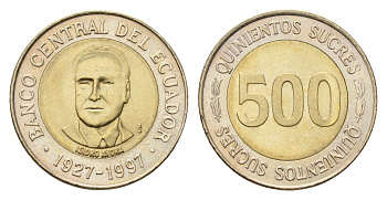 Эквадор 500 сукре 1997 70 лет Центробанку KM 102 биметалл UNC 4697-441