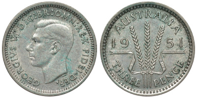Австралия 3 пенса 1951 m, Георг VI (1937-1952), без букв KM 44 серебро 71-262