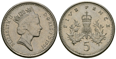 Великобритания 5 пенсов 1991 Елизавета II (1952-2022) KM 937b, Spink 4372 (D4) медно-никель 4173-1241