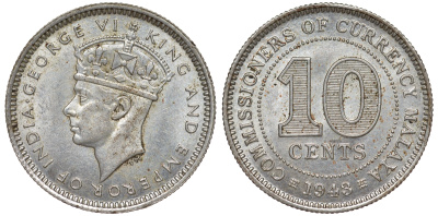 Британская Малайя 10 центов 1943 Георг VI (1937-1952) KM 4a серебро 53-253