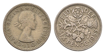 Великобритания 6 пенсов 1955 Елизавета II (1952-2022) KM 903, Spink 4149 медно-никель 4696-821