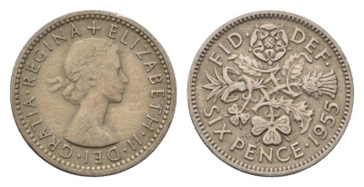 Великобритания 6 пенсов 1955 Елизавета II (1952-2022) KM 903, Spink 4149 медно-никель 4696-821