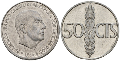Испания 50 сентимо 1966 (73) Франсиско Франко (1939 - 1975) KM 822 алюминий 4154-734