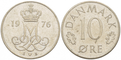 Дания 10 эре 1976 S; B, Маргрете II (1972- ) KM 860.1 медно-никель 3309-162