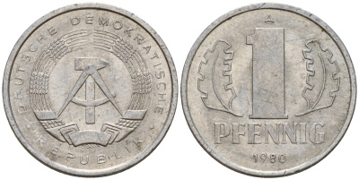 ГДР 1 пфенниг 1980 A KM 8.2 алюминий 187-1241
