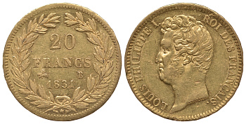 Франция 20 франков 1831 B, Луи-Филипп I KM 746.2 золото aUNC 00-000-00