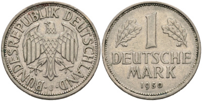 ФРГ 1 марка 1950 J, KM 110, J. 385 медно-никель 4681-1216