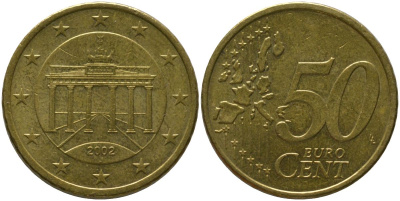 Германия 50 евроцентов 2002 J, Бранденбургские ворота KM 212 нордик 4573-816