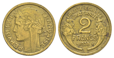 Франция 2 франка 1938 KM 886 алюминиевая бронза 4543-124