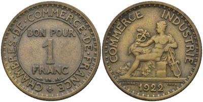 Франция 1 франк 1922 KM 876, Le Franc 218.5 алюминиевая бронза 4142-616