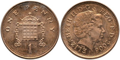 Великобритания 1 пенни 2006 Елизавета II (1952-2022) KM 986, Spink 4710 (B5) сталь плакированная медью 65-923