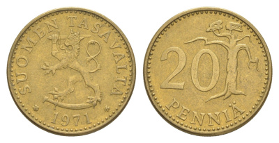 Финляндия 20 пенни 1971 KM 47 алюминиевая бронза 4525-844