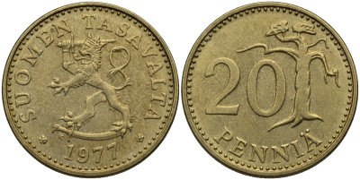 Финляндия 20 пенни 1977 KM 47 алюминиевая бронза 4175-432