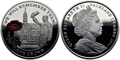 Фолклендские острова 1 крона 2014 в память героев первой мировой войны, Королевский госпиталь Челси, красный мак KM 177a.1 серебро, эмаль  PROOF  1071-2-51