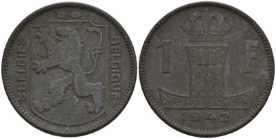 Бельгия 1 франк 1942 Belgique - Belgie, Леопольд III (1934-1947), германская оккупация, Вторая мировая война KM 127 цинк 4161-434