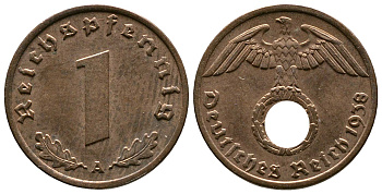 Германия 1 рейхспфенниг 1938 A KM 89, J. 361 бронза    220-249