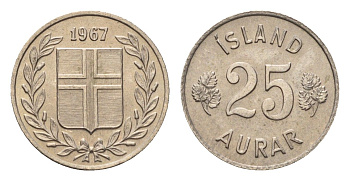 Исландия 25 эйре 1967 KM 11 медно-никель UNC 4690-646