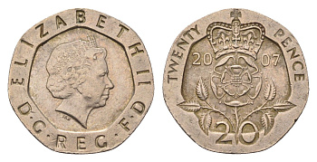 Великобритания 20 пенсов 2007 Елизавета II (1952-2022) KM 990, Spink 4630 (G3) медно-никель 4696-858