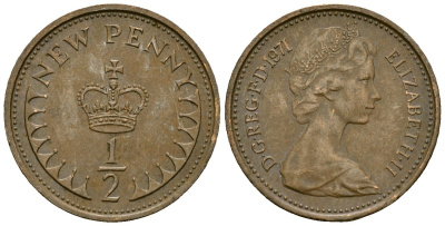 Великобритания 1/2 пенни 1971 Елизавета II (1952-2022) KM 914, Spink 4239 бронза 4136-1139
