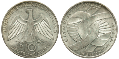 ФРГ 10 марок 1972 D, XX летние Олимпийские игры 1972 года в Мюнхене, символика KM 131, J.402 серебро KM 131, J.402 серебро 1519-924