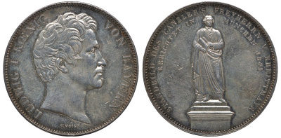 Бавария 2 талера 1845 Людвиг I (1825-1848), Chancellor Baron von Kreittmayr, барон Крейттмайер KM 439, Dav.592 var, AKS 107a, Kahnt 111, Thun 84 var серебро 00-00