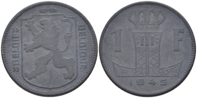 БЕЛЬГИЯ 1 ФРАНК 1945 BELGIE-BELGIQUE, ГЕРМАНСКАЯ ОККУПАЦИЯ KM 128 цинк 31-1243