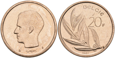 Бельгия 20 франков 1981 Belgie KM 160 никель бронза UNC 189-943