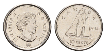 Канада 10 центов 2016 Leaf, Елизавета II (1952-2022), парусник KM 492 сталь плакированная никелем UNC 4689-632