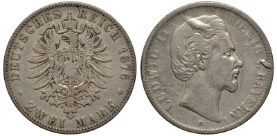 Бавария 2 марки 1876 Людвиг II (1864-1886) Weege 41, J. 41, KM 505 серебро 413-2032