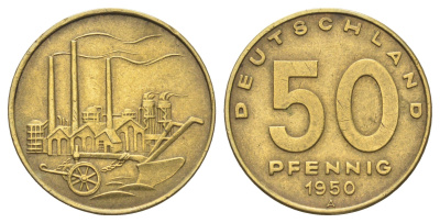 ГДР 50 пфеннигов 1950 KM 4 алюминиевая бронза 4697-629