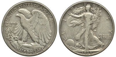 США 1/2 доллара (50 центов) 1936 D, шагающая свобода KM 142 серебро 413-242