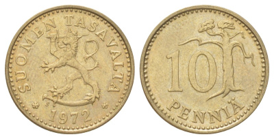Финляндия 10 пенни 1972 KM 46 алюминиевая бронза aUNC 4627-1027