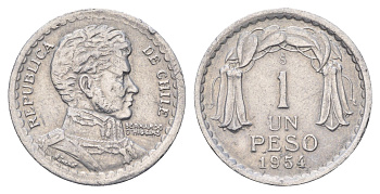 Чили 1 песо 1954 KM 179a алюминий 4688-327