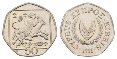 Кипр 50 центов 1991 похищение Европы KM 66 медно-никель 4700-1141