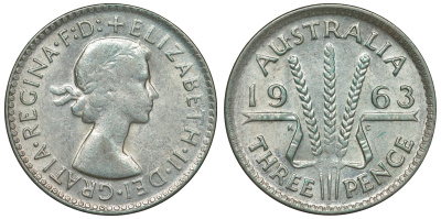 Австралия 3 пенса 1963 m, Елизавета II (1952-2022) KM 57 серебро 71-844